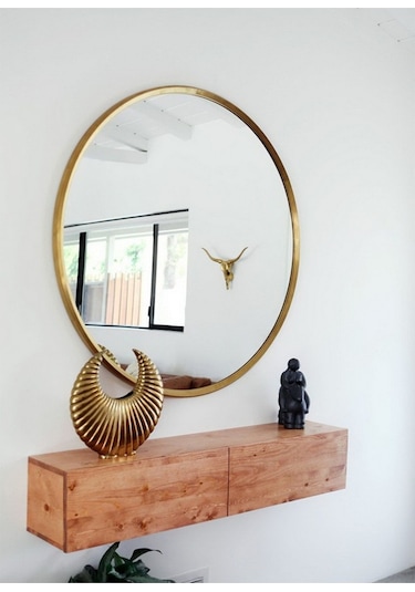 Helya Pirinç Eskitme Yuvarlak Ayna Altın