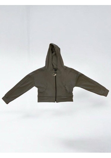 Kız Çocuk Pamuklu Crop Fermuarlı Kapuşonlu Hırka-15454 Haki
