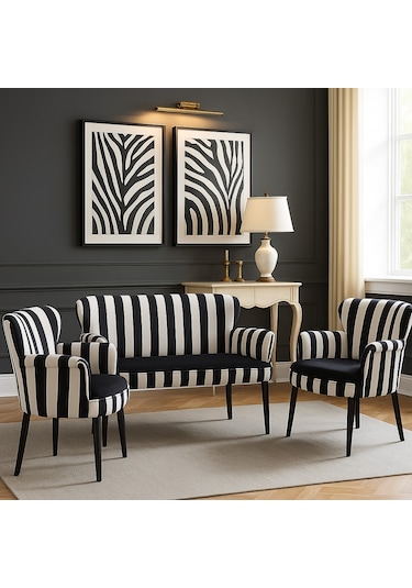 Azra Mobilya - Roma Çay Seti Koltuk Takımı - Babyface Kumaş - Ahşap Demonte Ayak Zebra