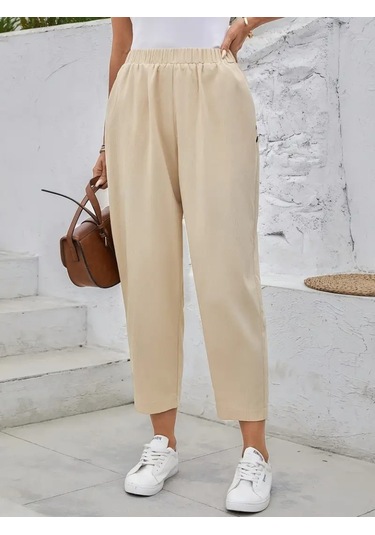 Munn Collection Kadın Yüksek Bel Yandan Cepli Düğme Detaylı Geniş Kesim Ithal Krep Pantolon Bej