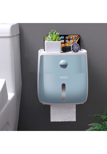 Jms Mavi Banyo Doku Tutucu Duvara Monte Tuvalet Kağıdı Kutusu Su Geçirmez Rulo Kağıt Depolama Rafı Çift Katmanlı Organizatör Raf Çekmeceli