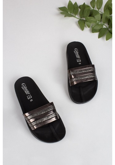 Kız Çocuk Simli Gold Detaylı Terlik-5676-koyu Kahve Koyu Kahverengi