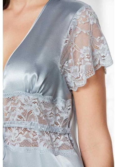 Pierre Cardin Saten Dantelli Midi Sabahlık 1020 Mist Çok Renkli