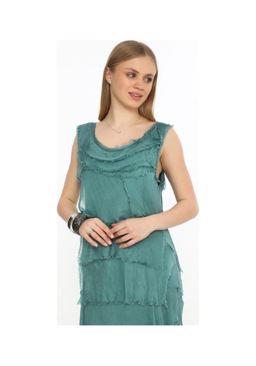 İnce Gösteren Kat Kat Kolsuz Ipek Elbise-8769 Filizi Mint