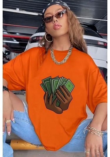 Unisex Siyah Oversize Baskılı Tshirt Turuncu