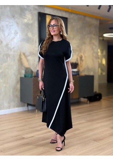 Kadın Kısa Kollu Bisiklet Yaka Çift Şerit Renk Detaylı Asimetrik Kesim Viskon Iki Iplik Elbise Çok renkli Kadın Kısa Kollu Bisiklet Yaka Çift Şerit Renk Detaylı Asimetrik Kesim Viskon Iki Iplik Elbise Çok renkli