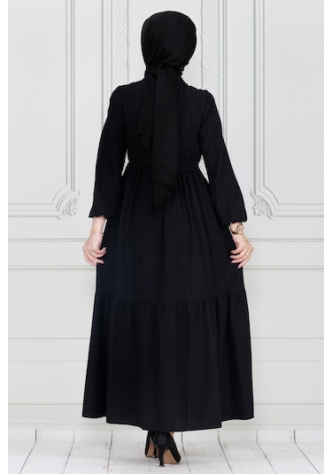 Gömlek Yaka Beli Tünelli Sare Elbise-siyah-4013-siyah Siyah