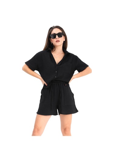 Takım Müslin Gömlek Şort - Siyah-siyah Siyah