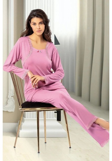 Faal 8608 Kadın Uzun Kollu Dantel Detaylı Pijama Takımı-gülkurusu GÜL KURUSU