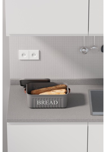 Kapaklı Plastik Ekmek Kutusu , Kulplu , Dekoratif Ekmek Saklama Kutusu , Ekmeklik Gri Gri