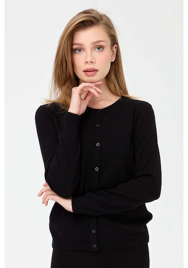 Desen Triko Kadın Sıfır Yaka Triko Yün Hırka 21031 Siyah