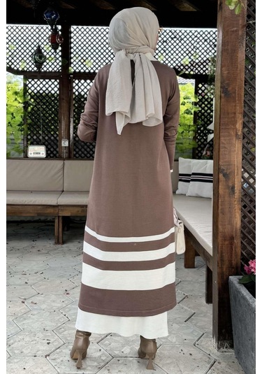 İmge Çizgili Triko Hırka Sütlü Kahve Çok Renkli