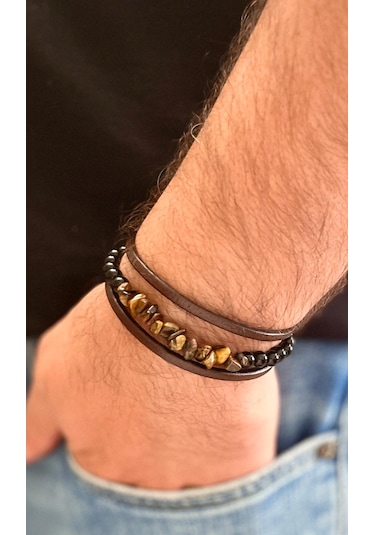 Kaplan Gözü,oniks Hakiki Deri İle Türk Yapımı Erkek Bileklik 21cm