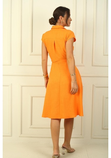 Önü Düğmeli Beli Kuşaklı Cepli Keten Elbise-38560-oranj