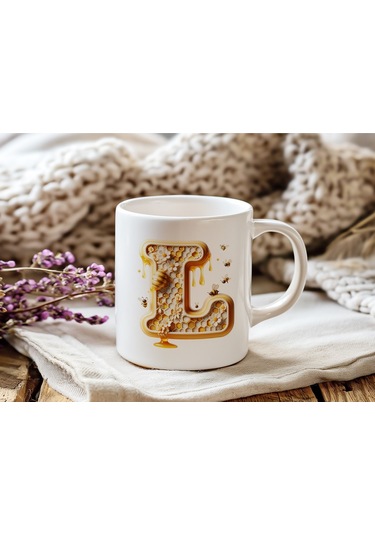 L Harfi Bal Arısı Tasarım Kupa Bardak - Bal Ve Petek Desenli Kişiye Özel Kahve Kupası - Hediyelik Beyaz