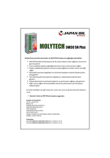 Japan Oıl 10w60 Sn Molytech Green 5 L