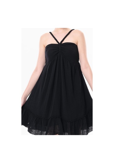 Alanya Boyundan Bağlamalı Kısa Yazlık Müslin Elbise Siyah Syh-siyah Siyah