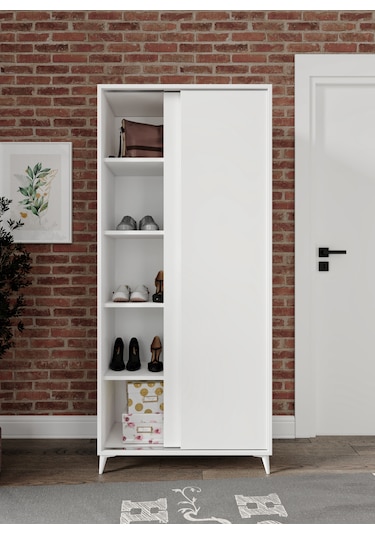Sürgülü Çok Amaçlı Ayakkabı Dolabı, Ayakkabılık Beyaz