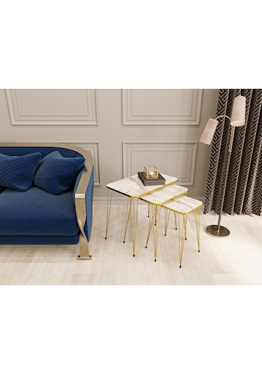 Zigon Sehpa 3'lü Dikdörtgen Gold Tel Ayaklı Beyaz Mermer-Gold