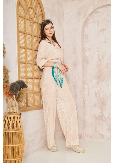 Kadın Pliseli Beli Lastikli Pantolon Tunik Gömlek Ikili Bürümcük Salaş Takım 3573300 Bej
