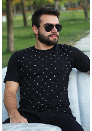 Erkek Siyah Çapa Desen Kısa Kollu Rahat Tişört 20etshcapa 001