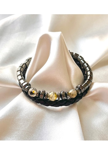 %100 Deri-hematit Kombin Erkek Bileklik Net 21cm Türk El Üretimi Siyah - Gri