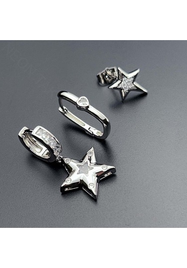 Çoklu Küpe, Zirkon Taş, Yıldız, Platinyum Kaplama Çelik Küpe 553, Gümüş Renk Gümüş