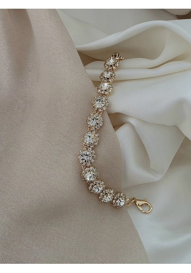 Eva Takı Store Çiçek Model Elmas Görünümlü Gold Renk Bileklik Altın