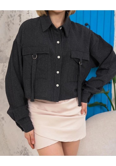 Kemer Cepli Keten Crop Gömlek Siyah S255350 Siyah
