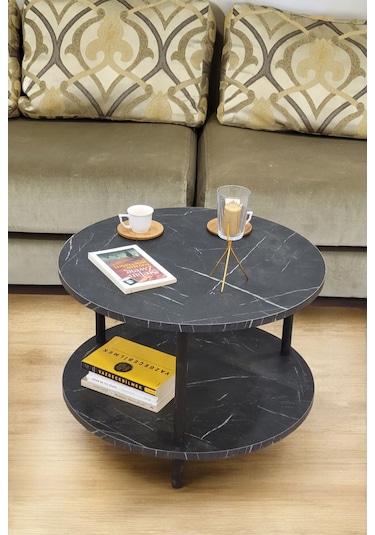 Yuvarlak Orta Sehpa Ahşap Ayaklı Sehpa Iki Raflı Sehpa Dekoratif Sehpa Gazetelikli-mermer-60cm Mermer