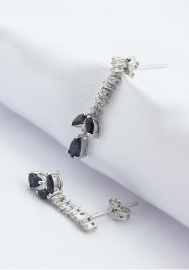Doğal Safir Taşlı Sallantılı Pırlanta Küpe Sarı