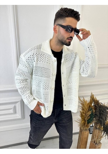 Elku Moda Hırka Oversize Özel Örgülü Triko Desenli Salaş Örgü Hırka Beyaz