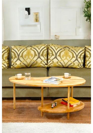 Lüx Naturel Ahşap Fasülye Orta Sehpa Ahşap Sehpa Iki Raflı Sehpa Dekoratif Sehpa Gazetelikli Ahşap