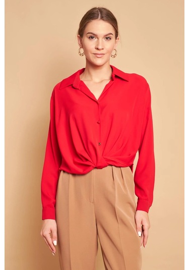 Yakalı Önü Pileli Uzun Kol Likrasız Şık Kumaş Gömlek-kırmızı Kırmızı