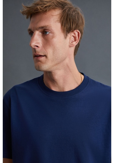 GRIMELANGE Solo Erkek %100 Organik Pamuklu Kalın Dokulu Comfort Fit Bisiklet Yakalı Lacivert T-shirt Lacivert