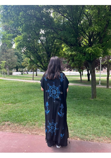 Mavi Denizci Desenli Siyah Salaş Kimono Kaftan Standart Mavi