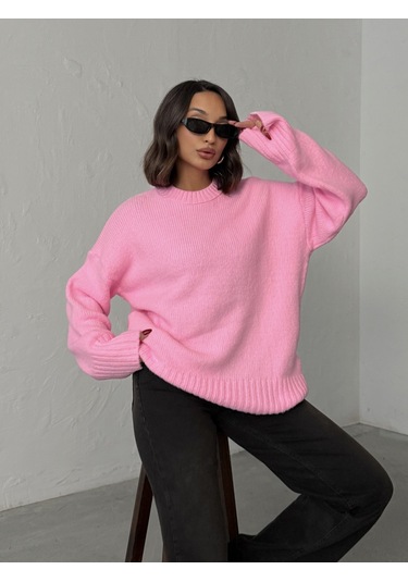 Kadın Yumuşak Dokulu Bisiklet Yaka Oversize Basic Triko Kazak Pembe