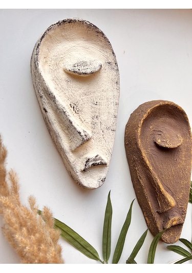 Özel Tasarım El Yapımı Heykel Soyut Yarım Yüz Maske 2'li Set, Duvar Dekor, Modern Ev Ve Ofis Dekoru