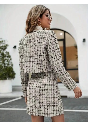 Kadın Yakalı Düğmeli Uzun Kollu Ceket Ve Etek Krep İkili Takım Beyaz