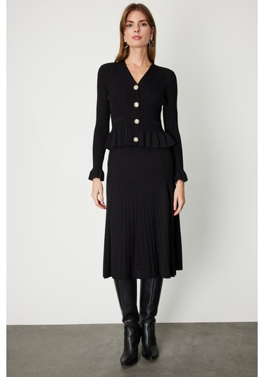 On Kadın Piliseli Midi Triko Etek 69201 Siyah Siyah