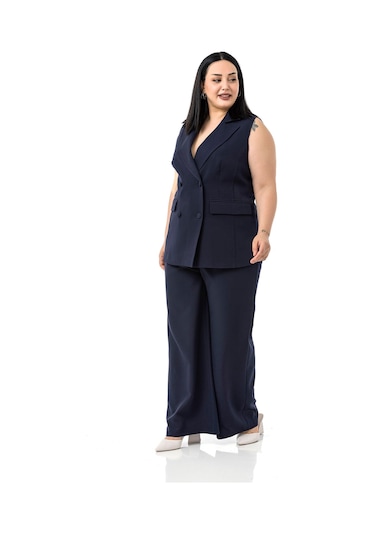 Büyük Beden Kaplama Düğmeli Yelek Pantolon Lacivert İkili Takım Lacivert