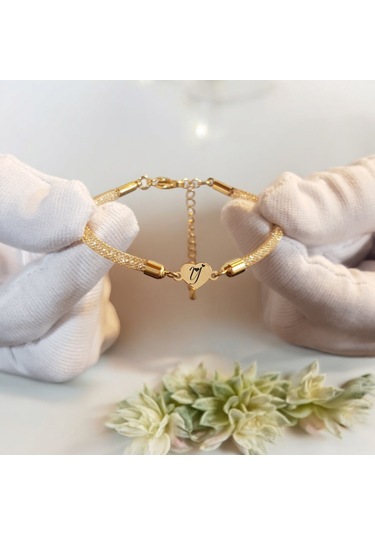 Archin Y Harfine Özel Kalp Motifli 14 Ayar Altın Plakalı Hasır Kordonlu Hediye Bileklik-474harf Y