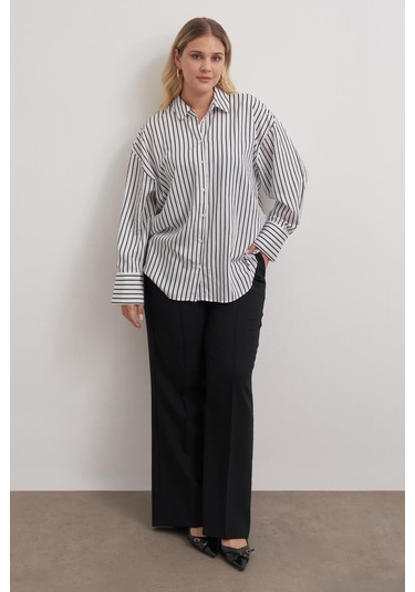 Parıltılı İplikli Çizgili Gömlek-3360 Beyaz