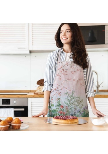 Renkli Çiçek Detaylı Mutfak Önlüğü Keten Kumaş, Uluslararası Yıkama Ve Solmama Sertifikası Çok Renkli
