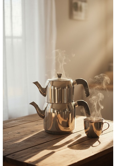 Yunusoğlu Home Hanzade Aile Boy Paslanmaz Çelik Çaydanlık Parlak Gümüş, Ergonomik Saplı, Yüksek Isı Dayanımlı Gri