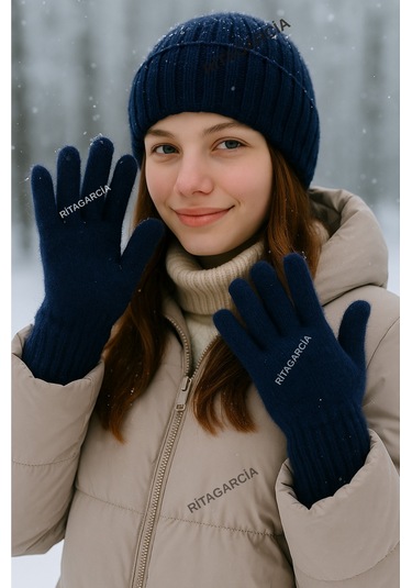 Peluş Uzun Eldiven Lacivert