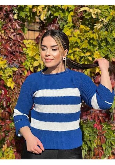 Kozia Outdoors Selanik Örgü Çizgili Triko Kazak Havacı Mavi