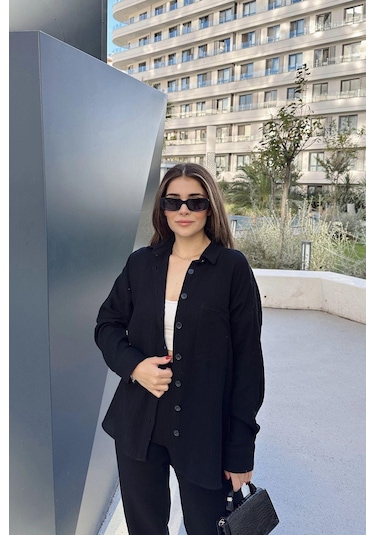 Kadın Siyah Salaş Uzun Gömlek & Beli Lastikli Pantolon - Alt & Üst Müslin Kumaş Takım Siyah