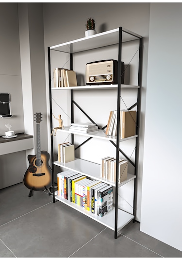 Metal Kitaplık 5 Raflı Ev Ofis Rafı Dosya Kitap Mutfak Rafı Çok Amaçlı Geniş Raflı 180cm Beyaz