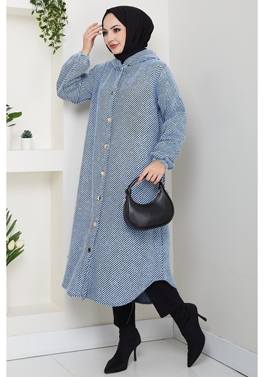 Çizgi Detay Kapüşonlu Kaşe Kap 1634 - Mavi Mavi